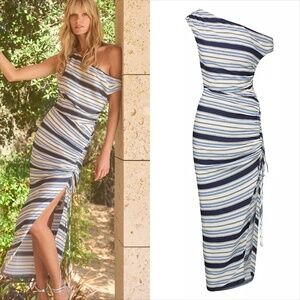 Veronica beard Kadie striped silk blend asymmetrical shoulder dress